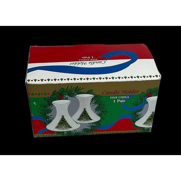 Vintage Set of 2 Fine China Christmas Tree Design Candle Holders w/Box - Picture 3 of 6